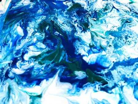 Close Up Colorful Blue Green White Colors Fluid Pouring Abstract Art Acrylic Painting Texture Backgroundの写真素材