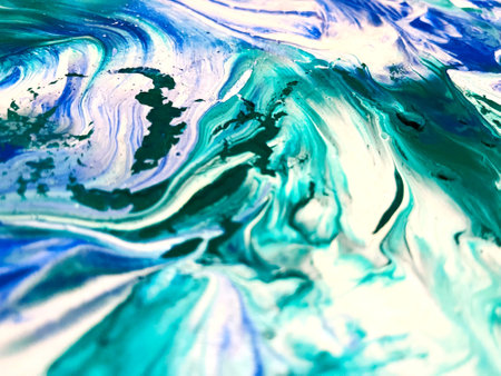 Close Up Colorful Blue Green White Colors Fluid Pouring Abstract Art Acrylic Painting Texture Backgroundの写真素材