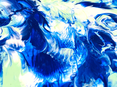 Close Up Colorful Blue Green White Colors Fluid Pouring Abstract Art Acrylic Painting Texture Backgroundの写真素材