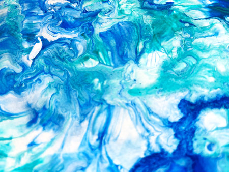 Close Up Colorful Blue Green White Colors Fluid Pouring Abstract Art Acrylic Painting Texture Backgroundの写真素材