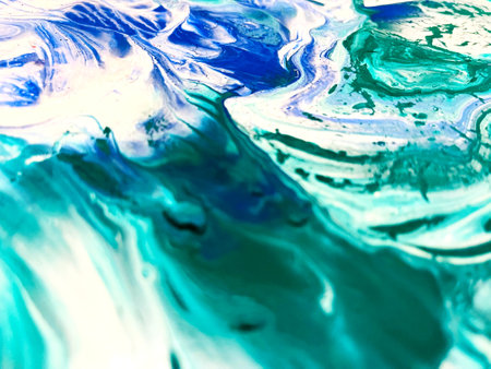 Close Up Colorful Blue Green White Colors Fluid Pouring Abstract Art Acrylic Painting Texture...