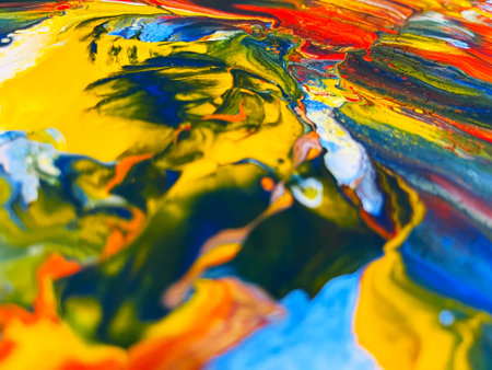 Close Up Colorful Fluid Pouring Abstract Art Acrylic Painting Texture Backgroundの写真素材