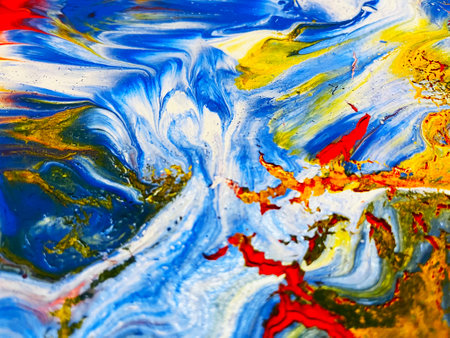 Close Up Colorful Fluid Pouring Abstract Art Acrylic Painting Texture Backgroundの写真素材