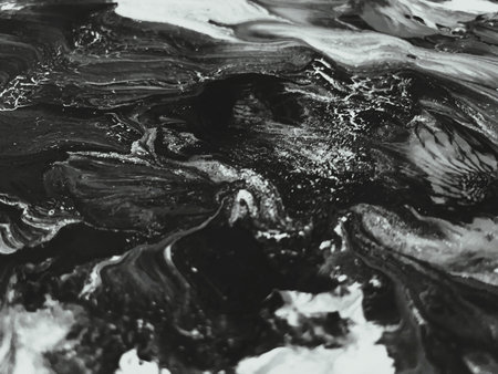 Close Up Black and White Colors Fluid Pouring Abstract Art Acrylic Painting Texture Backgroundの写真素材