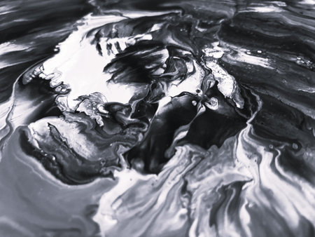 Close Up Black and White Colors Fluid Pouring Abstract Art Acrylic Painting Texture Backgroundの写真素材