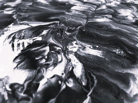 Close Up Black and White Colors Fluid Pouring Abstract Art Acrylic Painting Texture Backgroundの写真素材