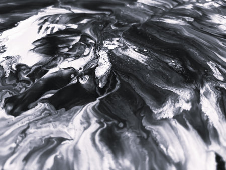 Close Up Black and White Colors Fluid Pouring Abstract Art Acrylic Painting Texture Backgroundの写真素材