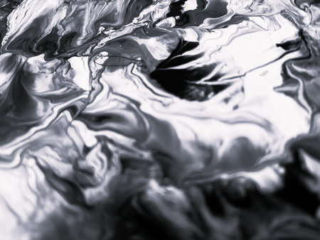 Close Up Black and White Colors Fluid Pouring Abstract Art Acrylic Painting Texture Backgroundの写真素材