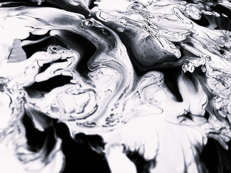 Close Up Black and White Colors Fluid Pouring Abstract Art Acrylic Painting Texture Backgroundの写真素材