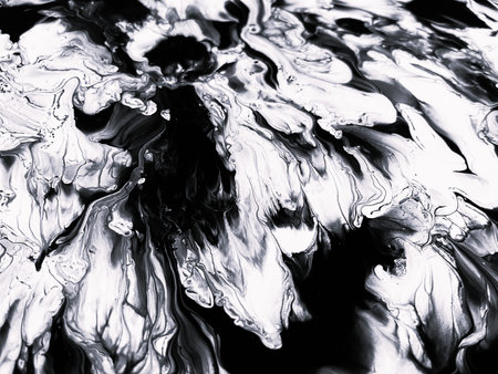 Close Up Black and White Colors Fluid Pouring Abstract Art Acrylic Painting Texture Backgroundの写真素材