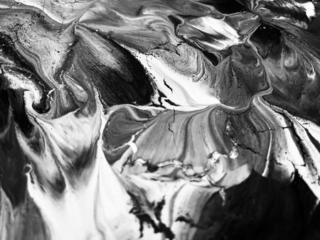 Close Up Black and White Colors Fluid Pouring Abstract Art Acrylic Painting Texture Backgroundの写真素材