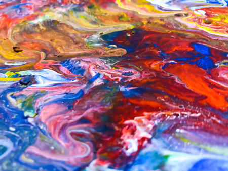 Close Up Colorful Fluid Pouring Abstract Art Acrylic Painting Texture Backgroundの写真素材