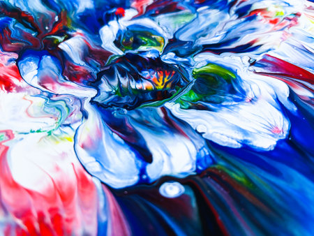 Close Up Colorful Fluid Pouring Abstract Art Acrylic Painting Texture Backgroundの写真素材