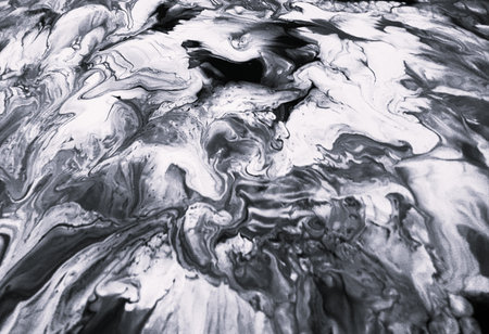 Close Up Black and White Colors Fluid Pouring Abstract Art Acrylic Painting Texture Backgroundの写真素材
