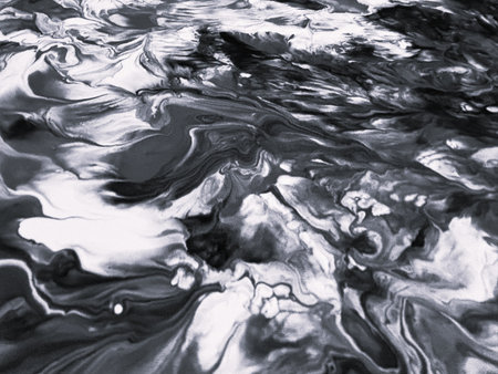 Close Up Black and White Colors Fluid Pouring Abstract Art Acrylic Painting Texture Backgroundの写真素材