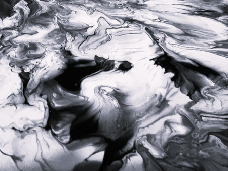 Close Up Black and White Colors Fluid Pouring Abstract Art Acrylic Painting Texture Backgroundの写真素材