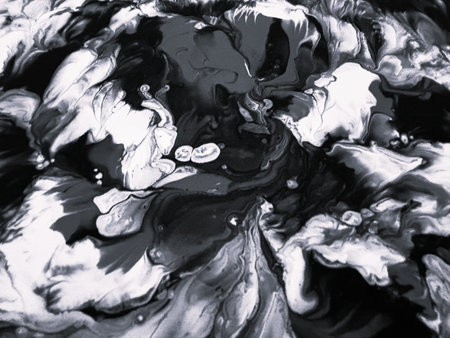 Close Up Black and White Colors Fluid Pouring Abstract Art Acrylic Painting Texture Backgroundの写真素材