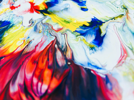 Close Up Colorful Fluid Pouring Abstract Art Acrylic Painting Texture Backgroundの写真素材