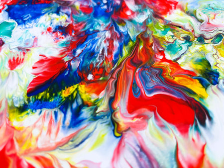 Close Up Colorful Fluid Pouring Abstract Art Acrylic Painting Texture Backgroundの写真素材