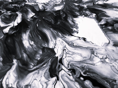 Close Up Black and White Colors Fluid Pouring Abstract Art Acrylic Painting Texture Backgroundの写真素材