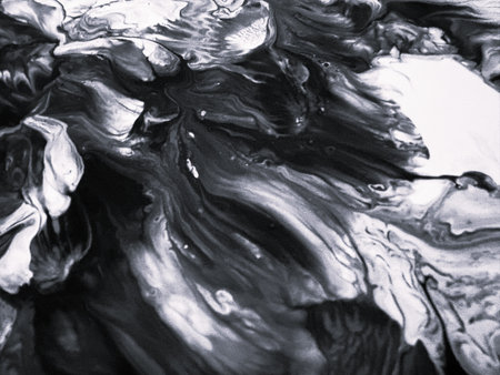 Close Up Black and White Colors Fluid Pouring Abstract Art Acrylic Painting Texture Backgroundの写真素材