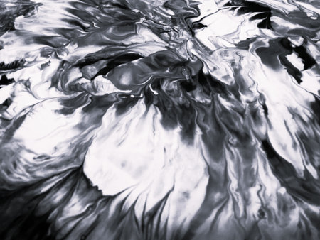 Close Up Black and White Colors Fluid Pouring Abstract Art Acrylic Painting Texture Backgroundの写真素材