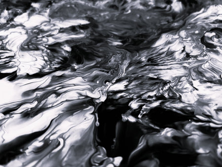 Close Up Black and White Colors Fluid Pouring Abstract Art Acrylic Painting Texture Backgroundの写真素材