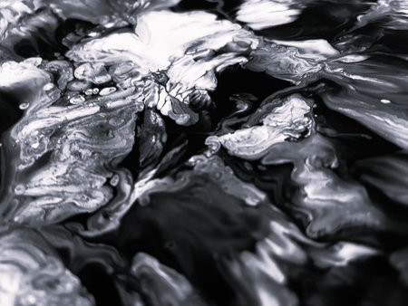Close Up Black and White Colors Fluid Pouring Abstract Art Acrylic Painting Texture Backgroundの写真素材