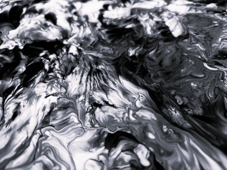 Close Up Black and White Colors Fluid Pouring Abstract Art Acrylic Painting Texture Backgroundの写真素材