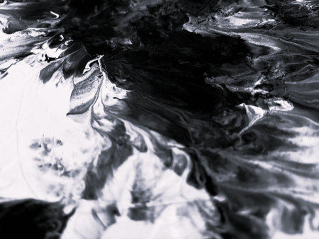 Close Up Black and White Colors Fluid Pouring Abstract Art Acrylic Painting Texture Backgroundの写真素材