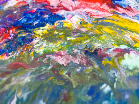 Close Up Colorful Fluid Pouring Abstract Art Acrylic Painting Texture Backgroundの写真素材