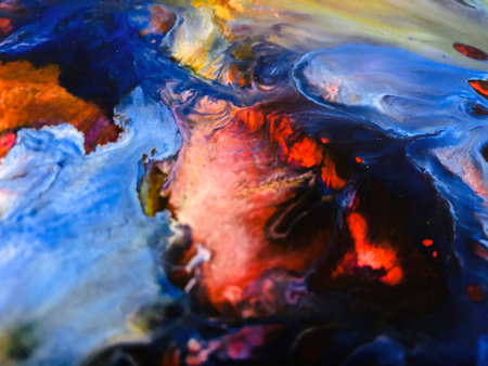 Close Up Colorful Fluid Pouring Abstract Art Acrylic Painting Texture Backgroundの写真素材