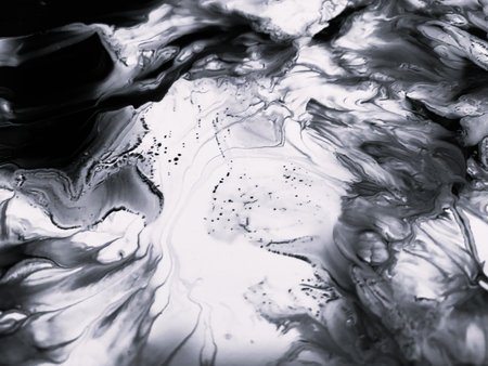 Close Up Black and White Colors Fluid Pouring Abstract Art Acrylic Painting Texture Backgroundの写真素材
