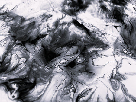 Close Up Black and White Colors Fluid Pouring Abstract Art Acrylic Painting Texture Backgroundの写真素材