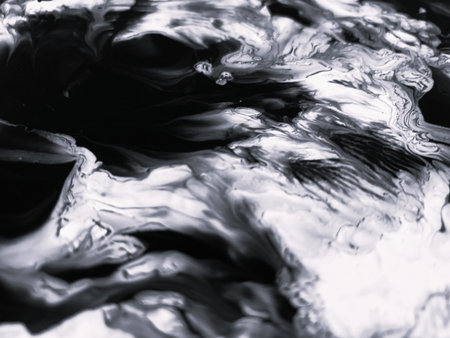 Close Up Black and White Colors Fluid Pouring Abstract Art Acrylic Painting Texture Backgroundの写真素材