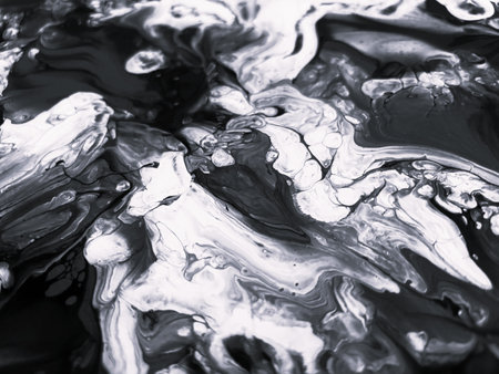 Close Up Black and White Colors Fluid Pouring Abstract Art Acrylic Painting Texture Backgroundの写真素材
