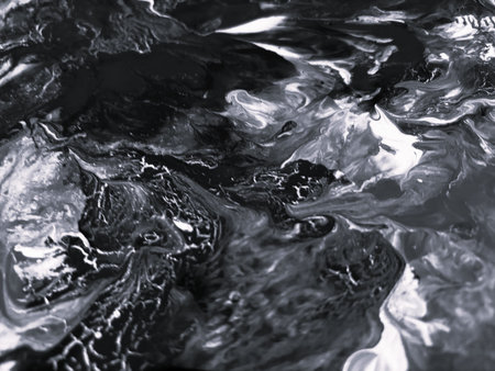 Close Up Black and White Colors Fluid Pouring Abstract Art Acrylic Painting Texture Backgroundの写真素材