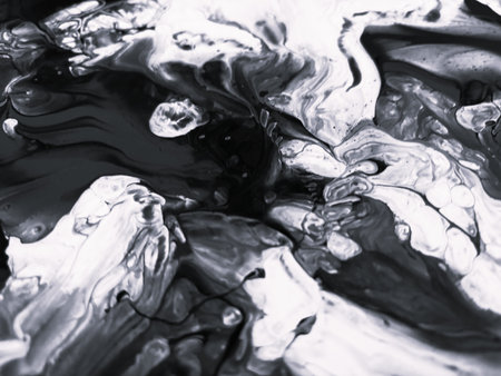 Close Up Black and White Colors Fluid Pouring Abstract Art Acrylic Painting Texture Backgroundの写真素材