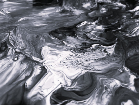 Close Up Black and White Colors Fluid Pouring Abstract Art Acrylic Painting Texture Backgroundの写真素材