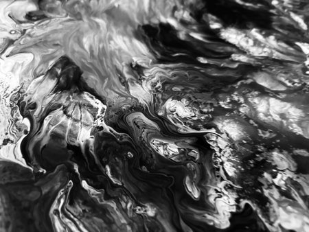 Close Up Black and White Colors Fluid Pouring Abstract Art Acrylic Painting Texture Backgroundの写真素材