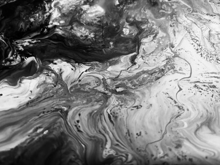 Close Up Black and White Colors Fluid Pouring Abstract Art Acrylic Painting Texture Backgroundの写真素材