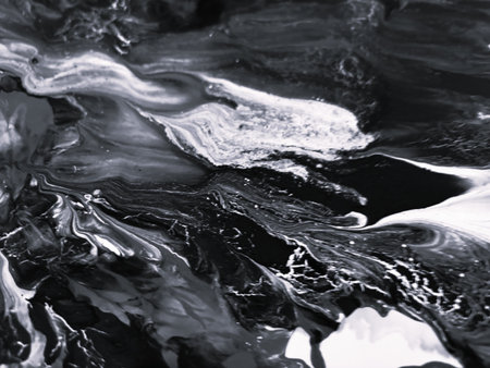 Close Up Black and White Colors Fluid Pouring Abstract Art Acrylic Painting Texture Backgroundの写真素材