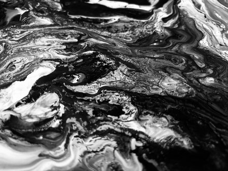 Close Up Black and White Colors Fluid Pouring Abstract Art Acrylic Painting Texture Backgroundの写真素材