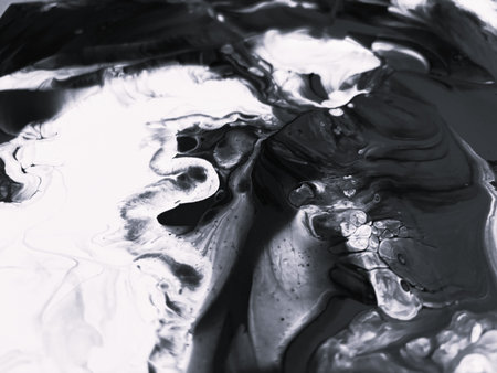 Close Up Black and White Colors Fluid Pouring Abstract Art Acrylic Painting Texture Backgroundの写真素材
