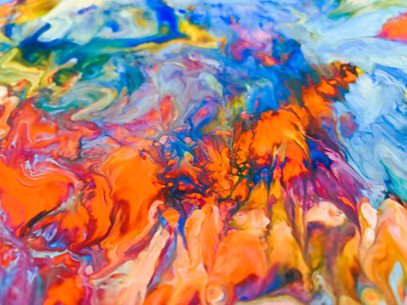 Close Up Colorful Fluid Pouring Abstract Art Acrylic Painting Texture Backgroundの写真素材
