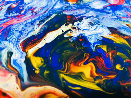 Close Up Colorful Fluid Pouring Abstract Art Acrylic Painting Texture Backgroundの写真素材