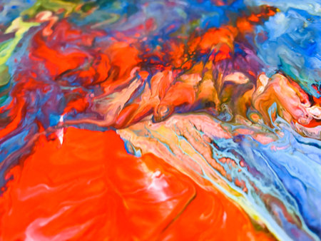 Close Up Colorful Fluid Pouring Abstract Art Acrylic Painting Texture Backgroundの写真素材