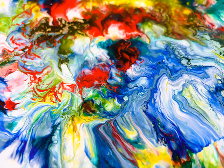Close Up Colorful Fluid Pouring Abstract Art Acrylic Painting Texture Backgroundの写真素材