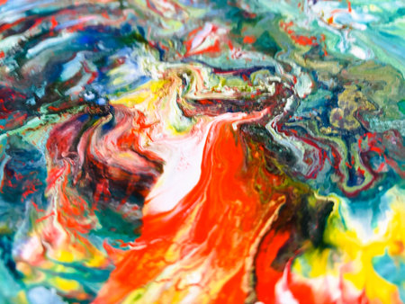 Close Up Colorful Fluid Pouring Abstract Art Acrylic Painting Texture Backgroundの写真素材