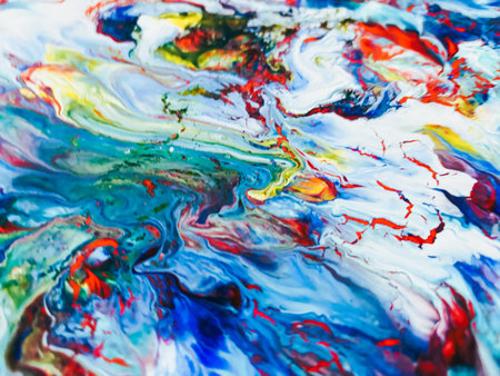 Close Up Colorful Fluid Pouring Abstract Art Acrylic Painting Texture Backgroundの写真素材